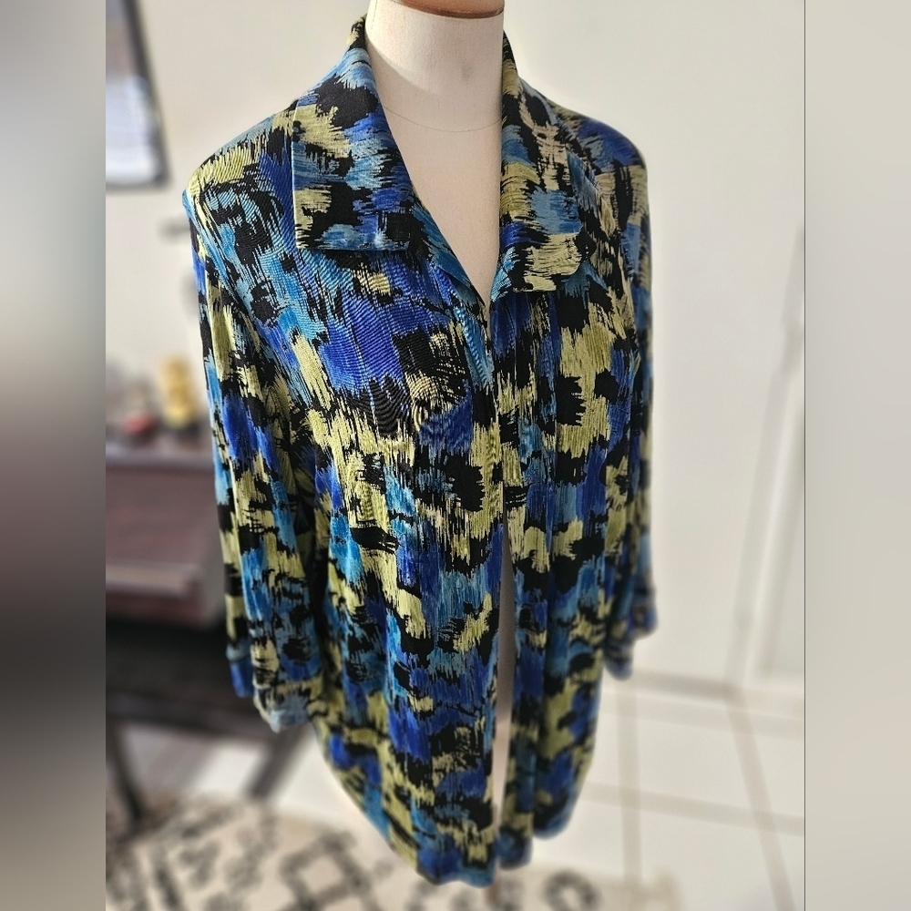 The Travel Collection Blue And Gold Button Down, Stretch, Size 1X, 80s Vintage